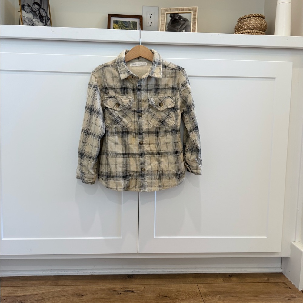 Zara Cream and Blue Button Down Shirt